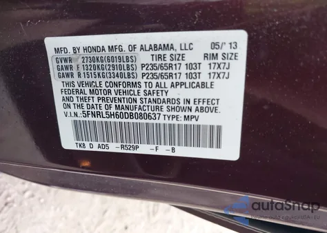 2013 Honda Odyssey Ex-L from USA, damaged, VIN 5FNRL5H60DB080637